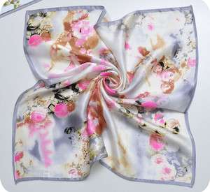 New Women Floral Oil Painting Style 100% Silk Square Scarf Gray 