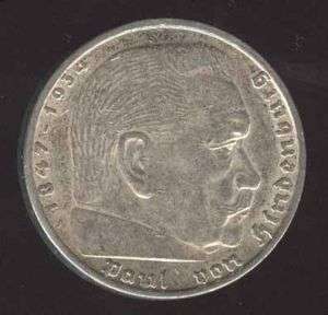 GERMANY SCARCE HINDENBURG 5 MARK 1935 SILVER COIN  