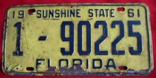 1961 Florida # 1   90225 License Plate Dade County  