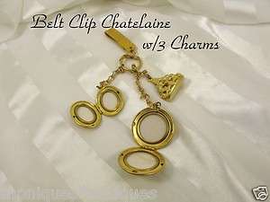 CHATELAINE BELT CLIP w/3 CHARMS, 1  FOB & TWO LOCKETS  