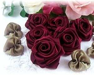 or 3 Soft Satin Ribbon Roses Appliques RED WINE  