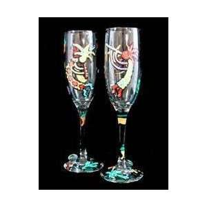 Chilies & Kokopelli Design   Hand Painted   Set of 2   Champagne 