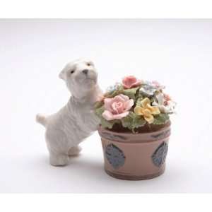   Leaning On Decorated Pot of Flowers Ceramic Figurine