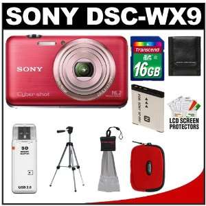  Sony Cyber Shot DSC WX9 16.2 MP Digital Camera (Red) with 