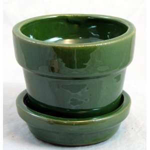  Glazed Ceramic Pot/Saucer   Grass Green   4 3/8 x 4 