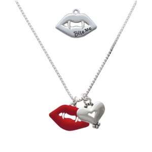  Red Enamel Vampire Lips and Silver Heart Charm Necklace 