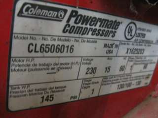 Coleman Powermate Model CL6506016 60g Air Compressor 6.5HP 230VAC 