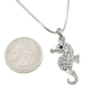   Beautiful Crystal Covered Seahorse Charm Necklace Silver Tone Jewelry