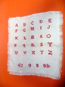 1959 Old French RED EMBROIDERY / ABC ALPHABET SAMPLER MONOGRAMS hand 