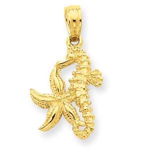  14k Gold Solid Seahorse & Starfish Pendant Jewelry