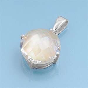 Sterling Silver Pendant   Round Cut   Mop Clear Cubic Zerconia   16mm 