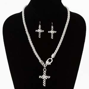   Silvertone Thick Chain Cross Necklace and Earrings Set Fashion Jewelry