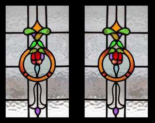 RARE PAIR EDWARDIAN FLORAL SWAG STAINED GLASS WINDOWS  