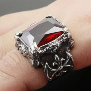 Huge Red Ruby Dragon Claw 316L Stainless Steel Mens Ring 3W001 Biker 
