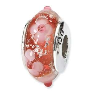  925 Silver Hand Blown Glass Red Pink Floral Charm Bead 