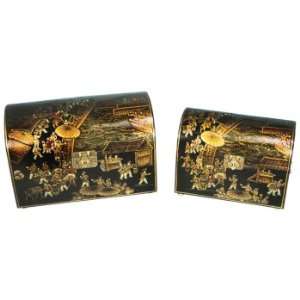 Chinese Ching Ming design wooden boxes, hand painted set 