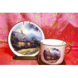 Thomas Kinkade Moonlight Cottage Cup&Saucer,Display Stand W/Hooks,Gold 