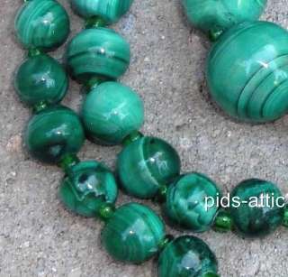 Classic Vintage Green Malachite Stone Beaded 44 Long Necklace  