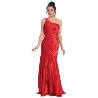 FBS Ladies One Shoulder Beaded Red Long Satin Evening Dress at  