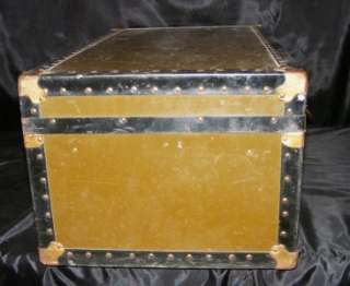 Vintage Olive Army Green & Black Metal Steamer Truck Chest w/ Leather 