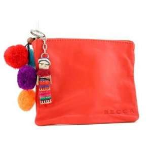 Becca Leather Makeup Tote with Worry Dolls & Pom Poms   Red/ Orange 