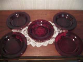 Arcoroc France Ruby Red Glass Soup Bowls Plates Rimmed  
