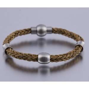     Tan Braided Leather Bracelet with Matte Silver Inserts DYOH 211 60