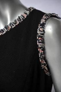 CHANEL Black Woven SILK Knit TWEED+Fringed Trim Sleeveless Drop Waist 