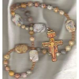  Anglican Rosary of Lacy Agate and Enamel St. Francis Cross 