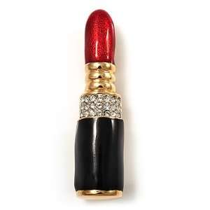  Red Enamel Crystal Lipstick Brooch (Gold Tone) Jewelry