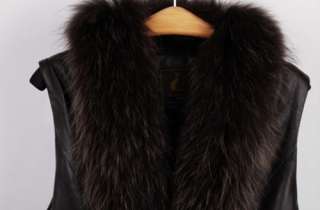 Womens Sheepskin Black Coat Real Fox Fur Collar Vest Long Warm Jacket 
