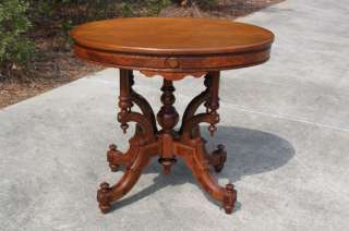 Ornate Burl Walnut Victorian Center Table w Carved Base  