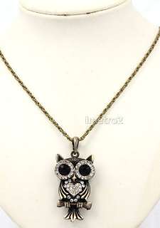 Cute big eyes owl night bird swarovski crystal vintage bronze chain 