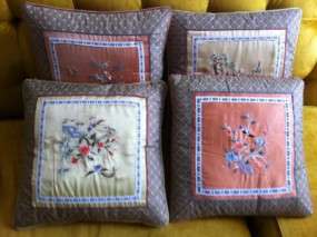Vintage 4 Silk Embroidery Pillow Oriental Asian Chinese  