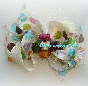   Boutique hairbow hair bow ivory aqua brown orchid sage gold dots