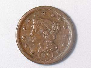 1851 BRAIDED HAIR LARGE CENT   US PENNY COIN  
