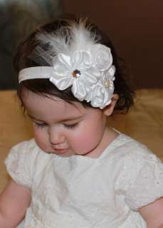 Baby White Feather Pearl Triple Flowers Headband Photo  