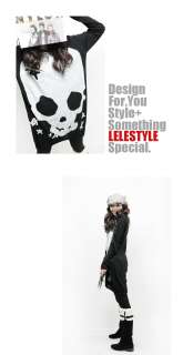 2011Korean Style Womens Boat Neck Skull Mini Dress Loose Long T 