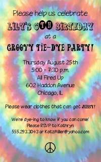 Tie dye Party Invitation Peace Sign Retro Hippie Tiedye  