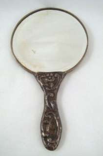 Antique 900 Silver Decorative Art Nouveau Floral Vanity Hand Mirror 