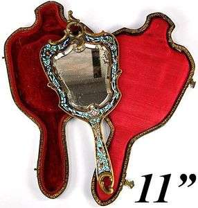 Rare Antique French Enamel Hand or Vanity Mirror, Original Shaped 