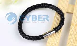 Fashion Black Leather and Stainless Steel Braided Bracelet Wristband 
