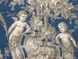 Antique French Prussian blue linen cotton fabric cherub ~*~ c1870 