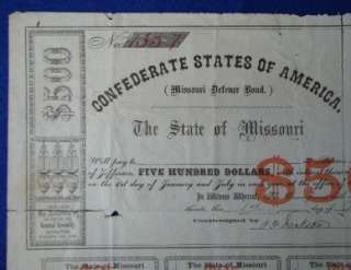   1862 MISSOURI $500 CONFEDERATE DEFENCE BOND State Bond CSA NR  