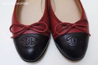 CLASSIC CHANEL RED/BLACK TOE LEATHER BALLERINA FLATS SHOES SIZE 36.5 