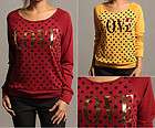   POLKA DOT Print Long Sleeve Top LOVE Knit Sweatshirt Pullover NEW