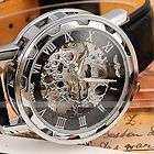 HOT SALE Silver SKELETON Analog Black Leather Mechanica