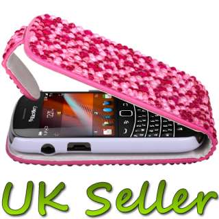 PINK DIAMANTE GEM STONE LEATHER FLIP CASE COVER FOR BLACKBERRY 9900 