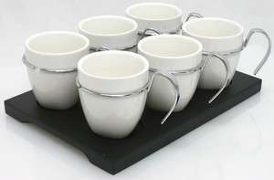 White Demitasse Espresso Coffee Cups w/ Tray   Metal Handles  