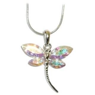 Beautiful Large Multi Colored Crystal Dragonfly Charm Necklace Silver 